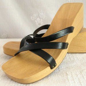 Black Straps Leather Wood Platform Sandals Italy 8